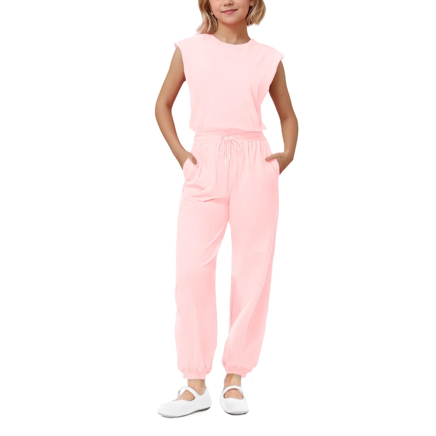Girls Casual Jumpsuit – Crew Neck Romper with Pockets