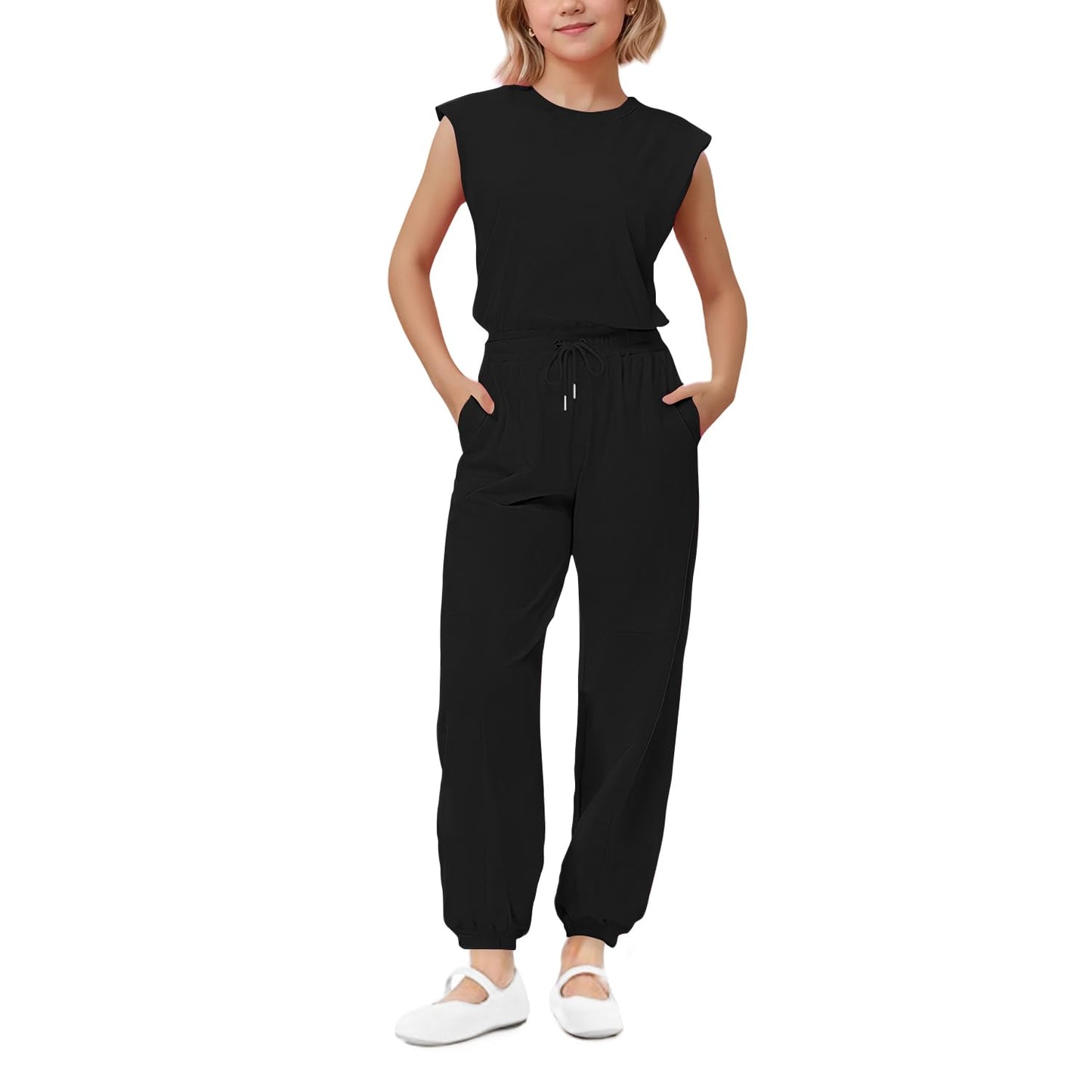 Girls Casual Jumpsuit – Crew Neck Romper with Pockets