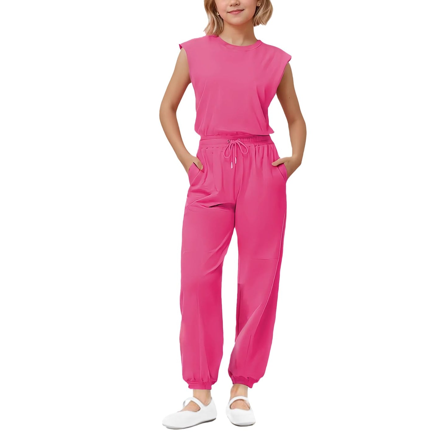 Girls Casual Jumpsuit – Crew Neck Romper with Pockets