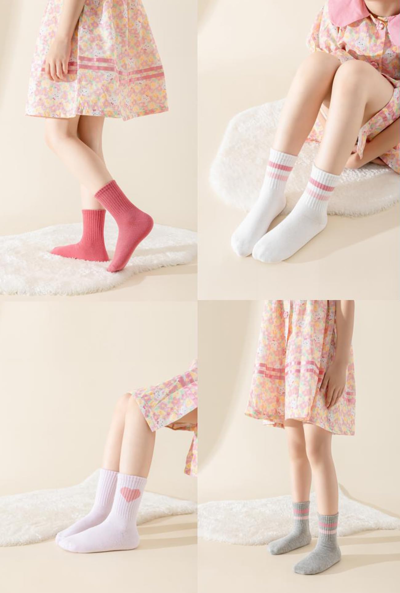 Girls' 4-Pack Pink Heart Striped Crew Socks