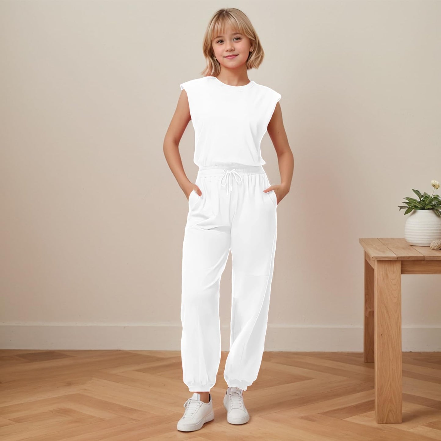 Girls Casual Jumpsuit – Crew Neck Romper with Pockets
