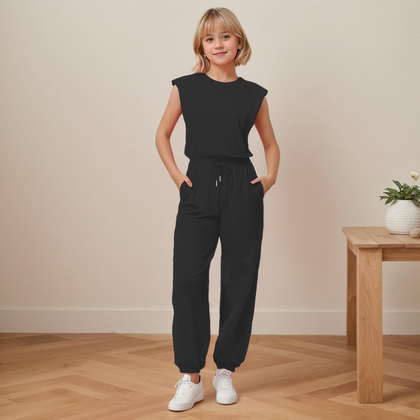 Girls Casual Jumpsuit – Crew Neck Romper with Pockets