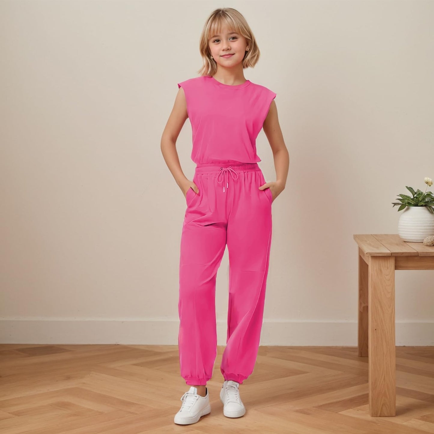 Girls Casual Jumpsuit – Crew Neck Romper with Pockets