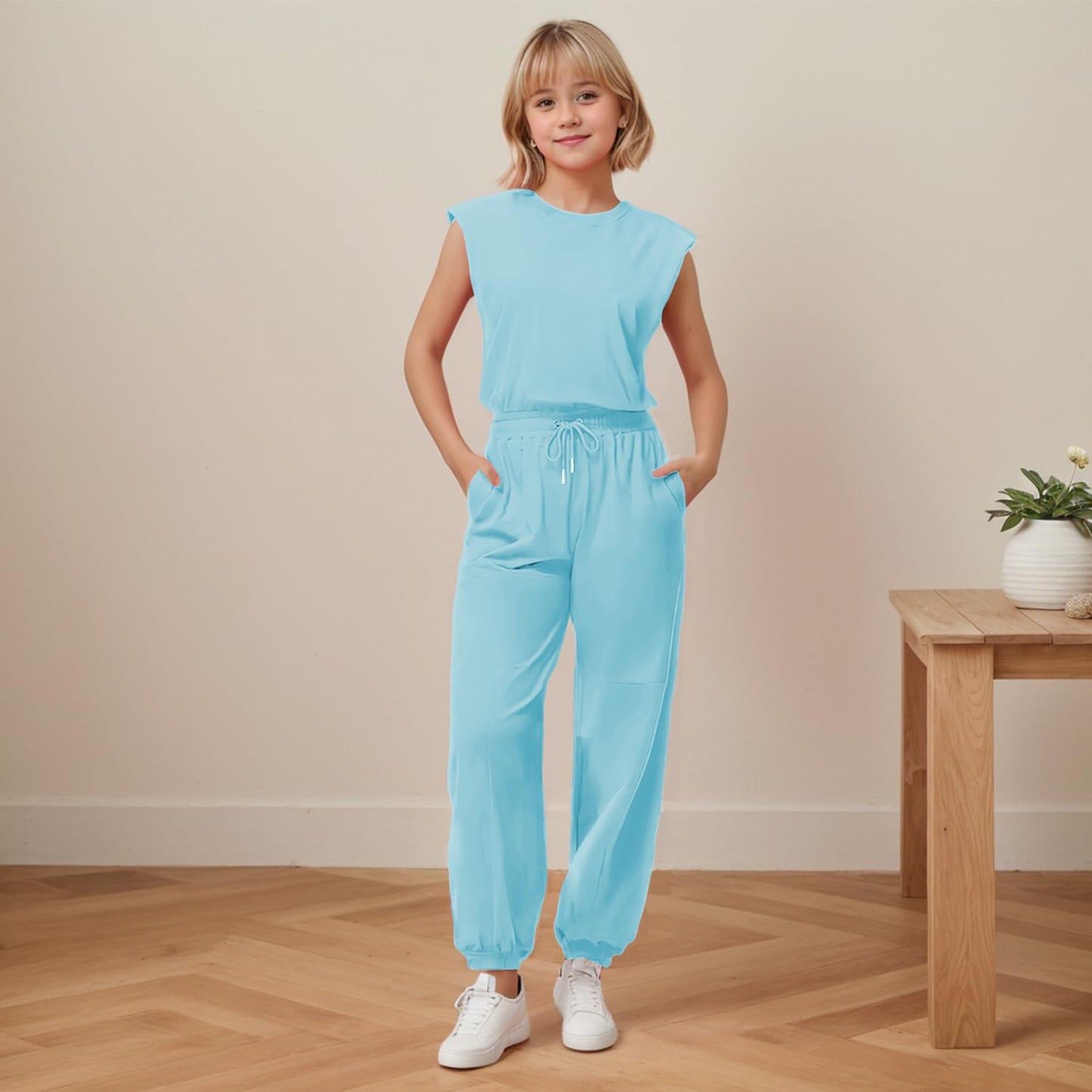 Girls Casual Jumpsuit – Crew Neck Romper with Pockets