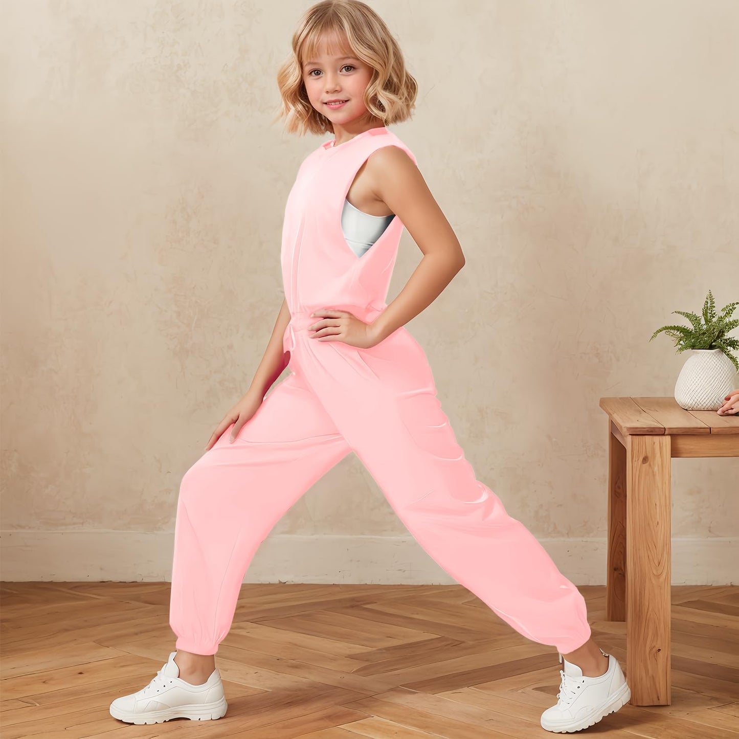Girls Casual Jumpsuit – Crew Neck Romper with Pockets
