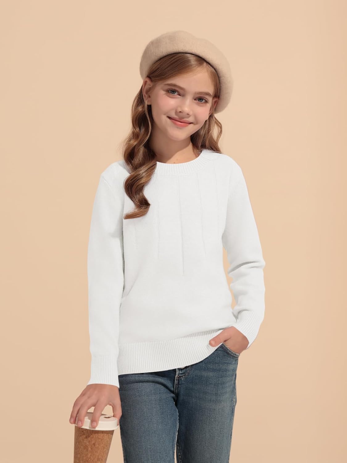 Haloumoning Girls' Crewneck Pleated Knit Sweater