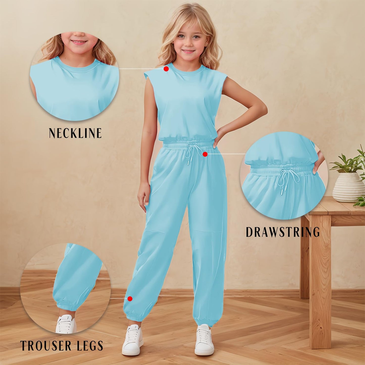 Girls Casual Jumpsuit – Crew Neck Romper with Pockets