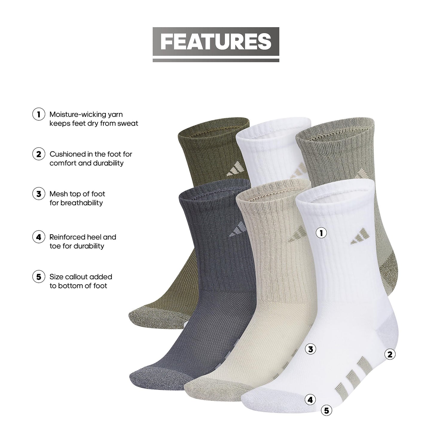 adidas Youth 6-Pack Cushioned Crew Socks