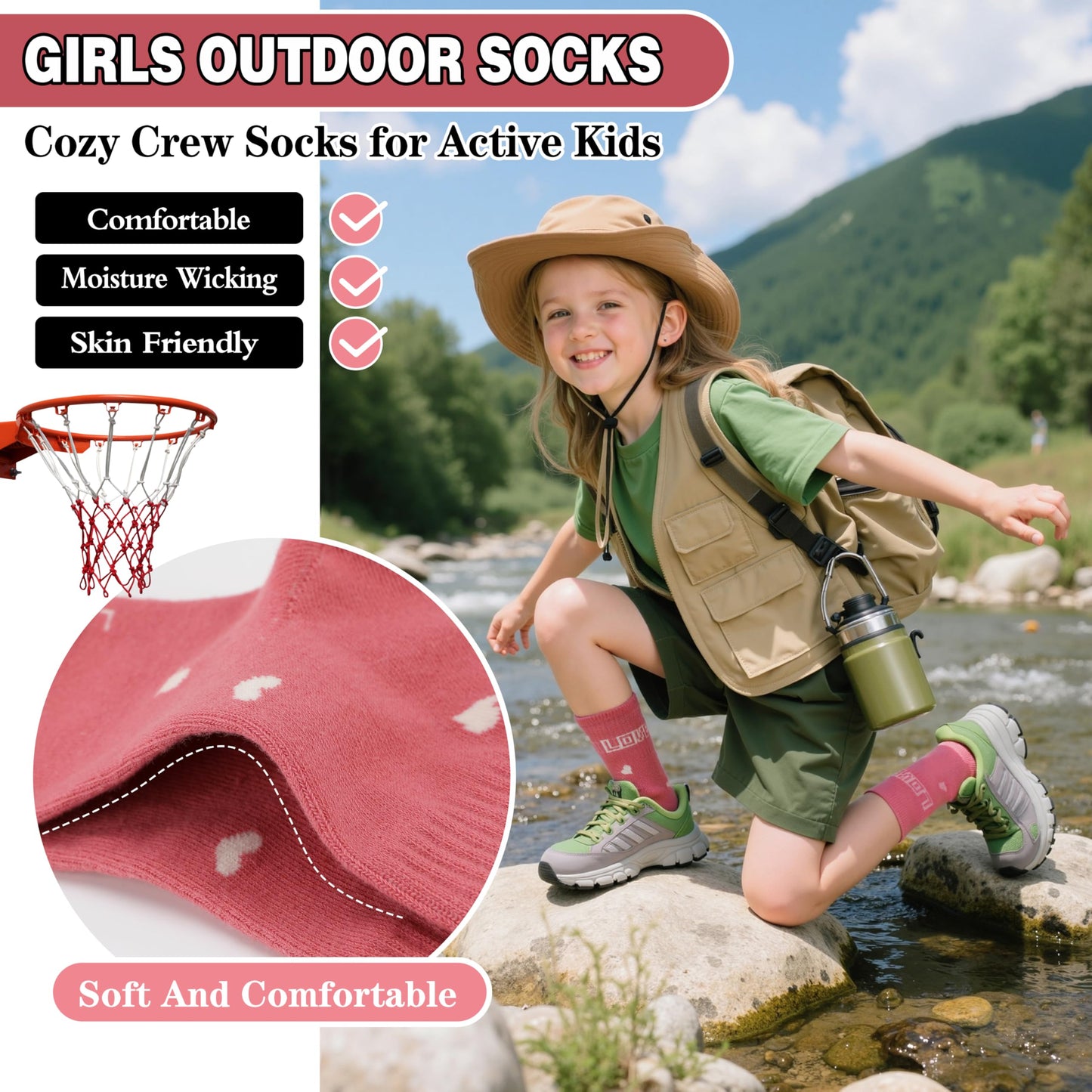 MOGGEI Girls' 6-Pack Athletic Crew Socks