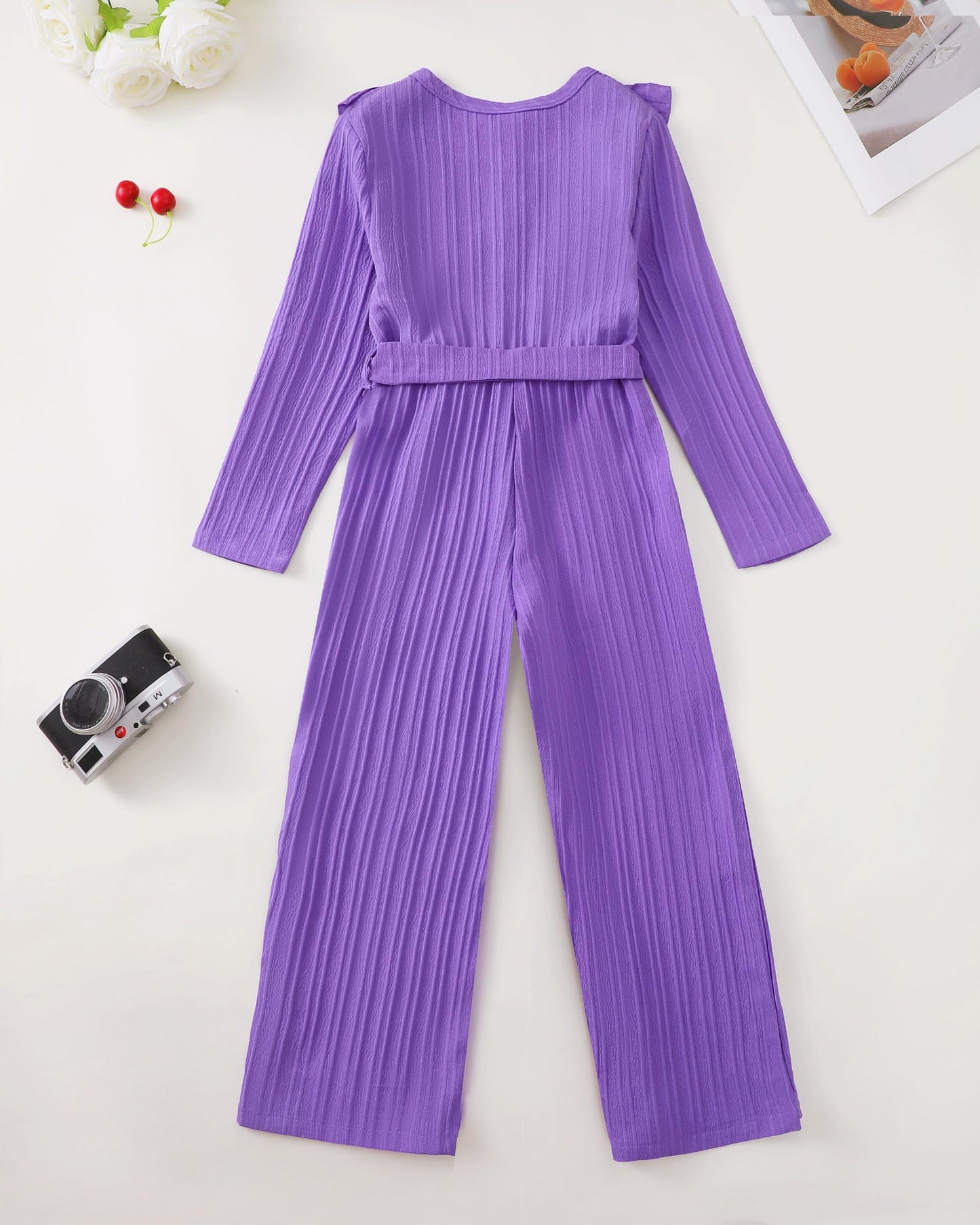 Girls Ruffle Sleeve Jumpsuit – Belted Wide Leg Romper