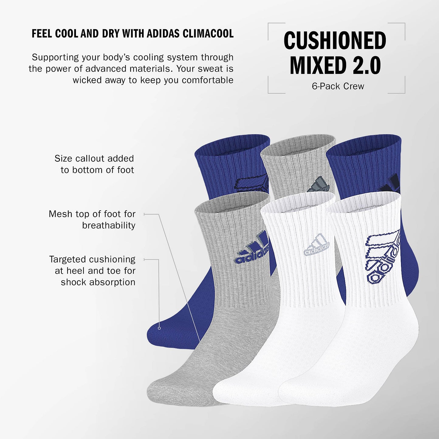 adidas Youth 6-Pack Cushioned Crew Socks