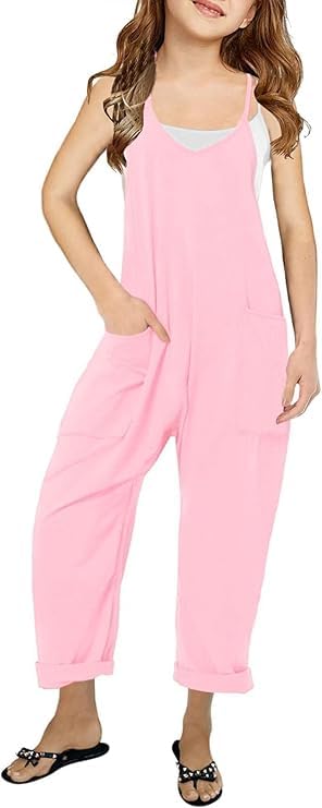 Girls Casual Sleeveless Jumpsuit – Spaghetti Strap Overalls