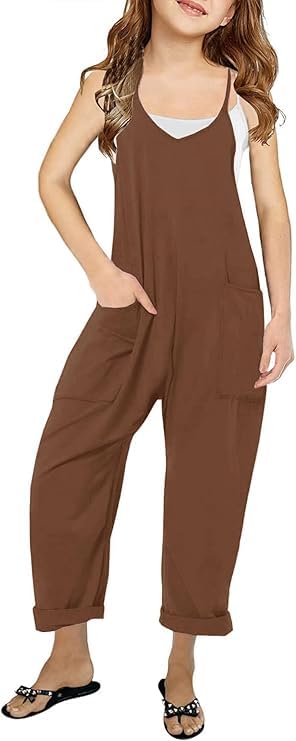 Girls Casual Sleeveless Jumpsuit – Spaghetti Strap Overalls
