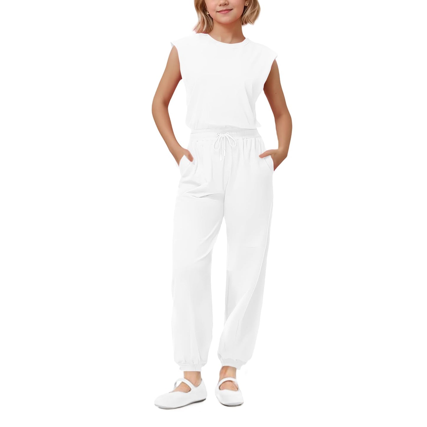 Girls Casual Jumpsuit – Crew Neck Romper with Pockets