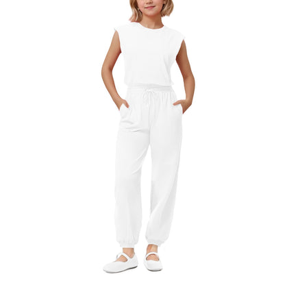 Girls Casual Jumpsuit – Crew Neck Romper with Pockets