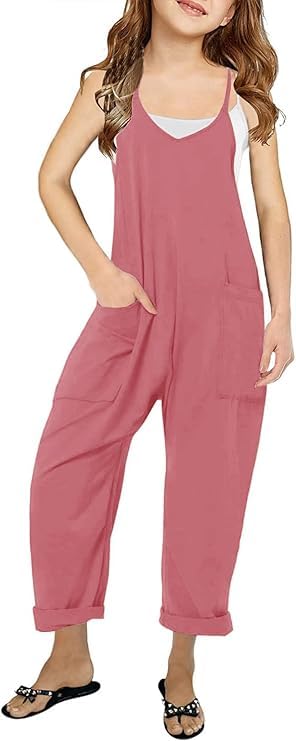 Girls Casual Sleeveless Jumpsuit – Spaghetti Strap Overalls