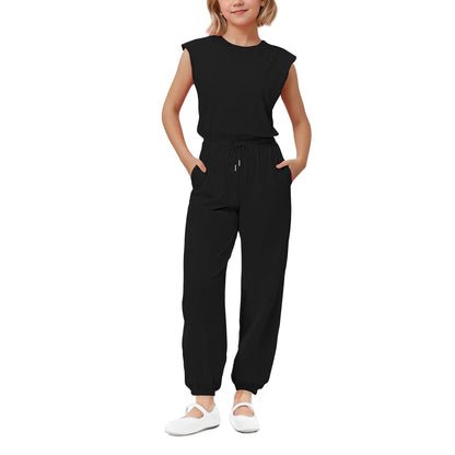 Girls Casual Jumpsuit – Crew Neck Romper with Pockets