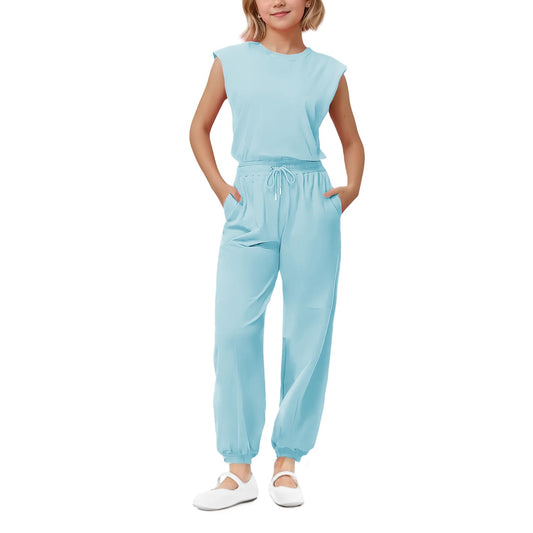 Girls Casual Jumpsuit – Crew Neck Romper with Pockets