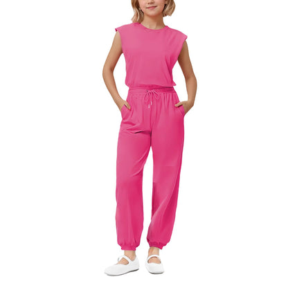 Girls Casual Jumpsuit – Crew Neck Romper with Pockets