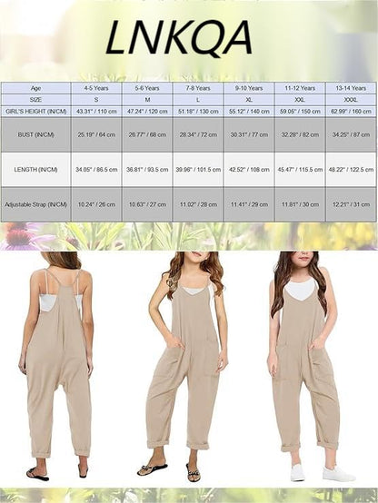 Girls Casual Sleeveless Jumpsuit – Spaghetti Strap Overalls