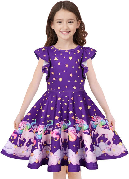 Quedoris Girls' Unicorn Print Twirly Dress