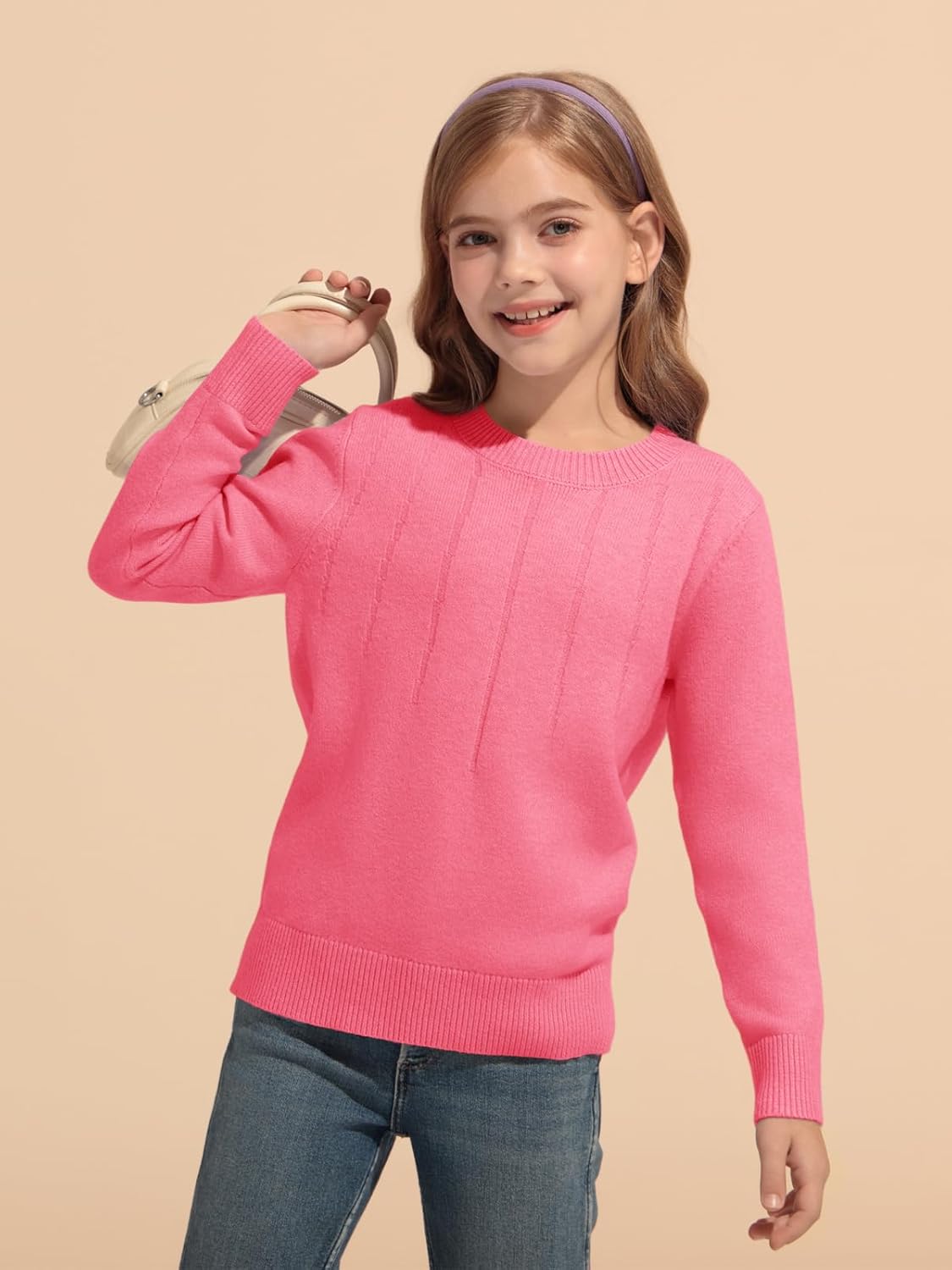 Haloumoning Girls' Crewneck Pleated Knit Sweater