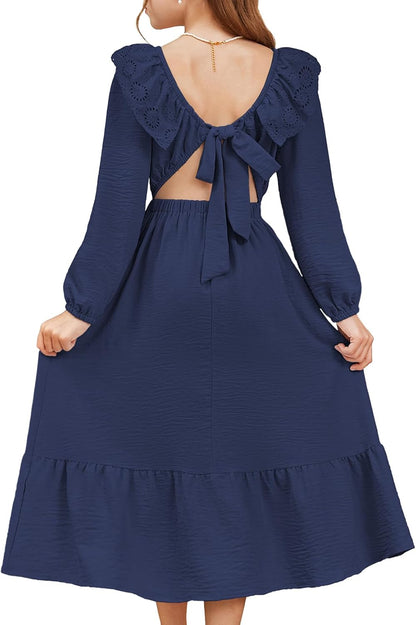 blibean Tween Girls' Embroidered Tie-Back Dress