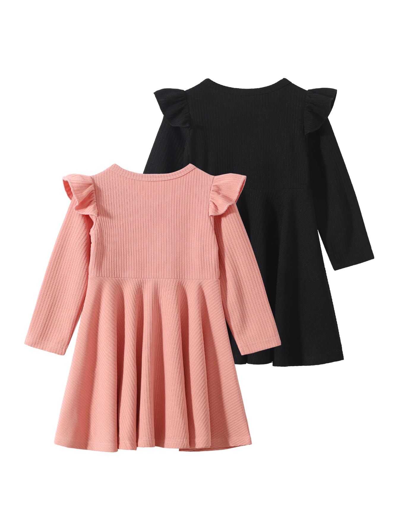 Little Girls' 2-Pack Ruffle Long Sleeve Swing Dresses