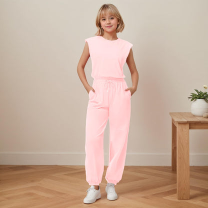 Girls Casual Jumpsuit – Crew Neck Romper with Pockets