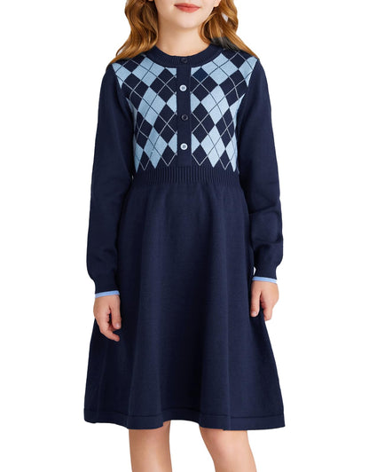 GRACE KARIN Girls' Argyle Knit Sweater Dress