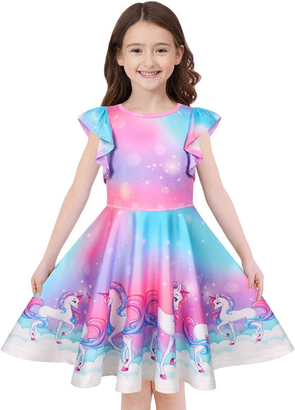 Quedoris Girls' Unicorn Print Twirly Dress