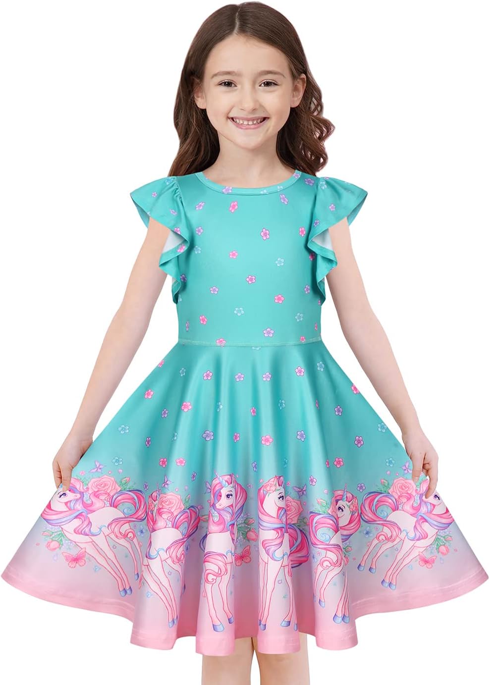 Quedoris Girls' Unicorn Print Twirly Dress