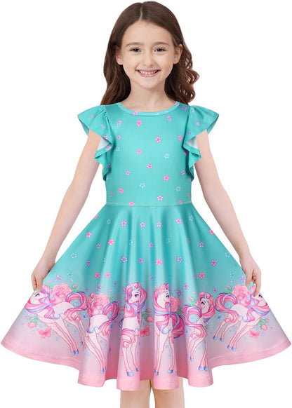 Quedoris Girls' Unicorn Print Twirly Dress