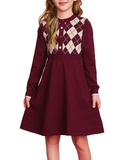 GRACE KARIN Girls' Argyle Knit Sweater Dress
