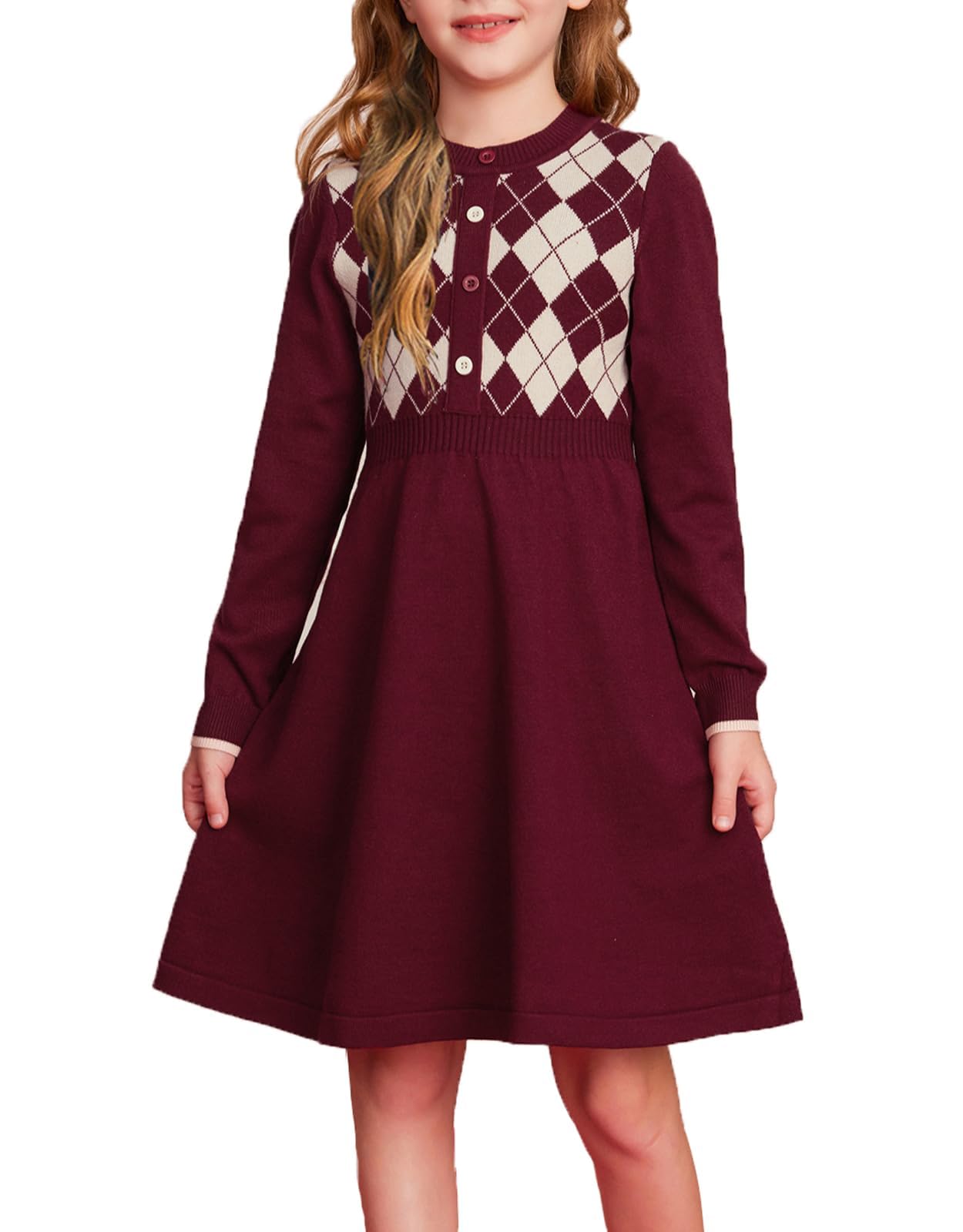 GRACE KARIN Girls' Argyle Knit Sweater Dress