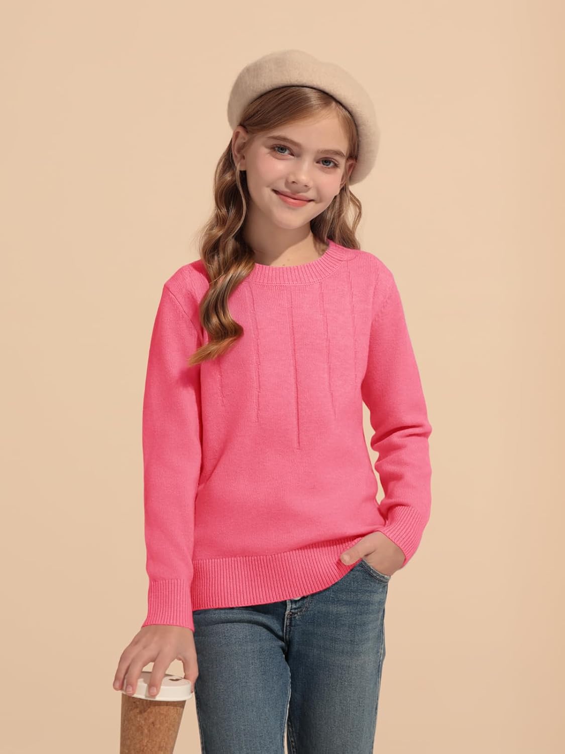 Haloumoning Girls' Crewneck Pleated Knit Sweater