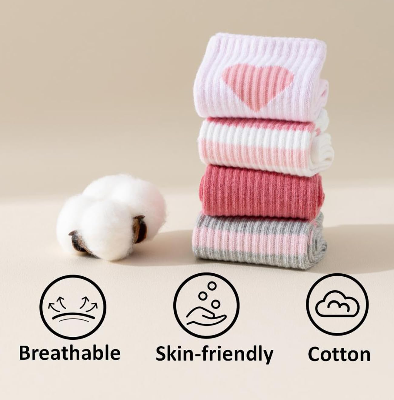 Girls' 4-Pack Pink Heart Striped Crew Socks