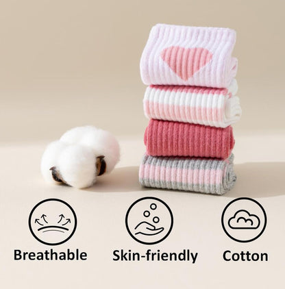 Girls' 4-Pack Pink Heart Striped Crew Socks