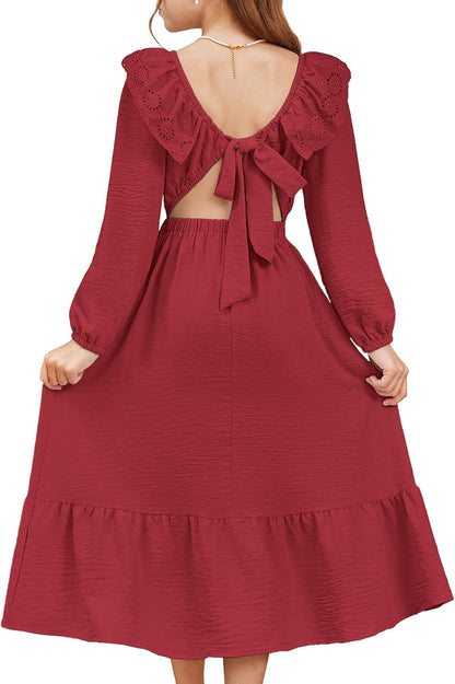 blibean Tween Girls' Embroidered Tie-Back Dress