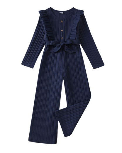 Girls Ruffle Sleeve Jumpsuit – Belted Wide Leg Romper
