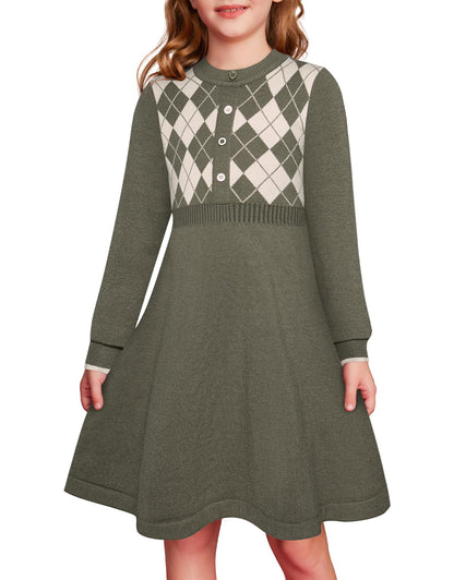 GRACE KARIN Girls' Argyle Knit Sweater Dress