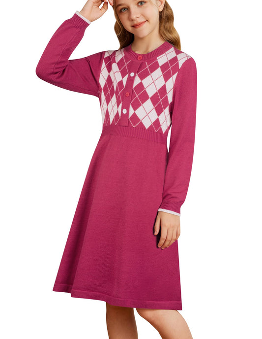 GRACE KARIN Girls' Argyle Knit Sweater Dress