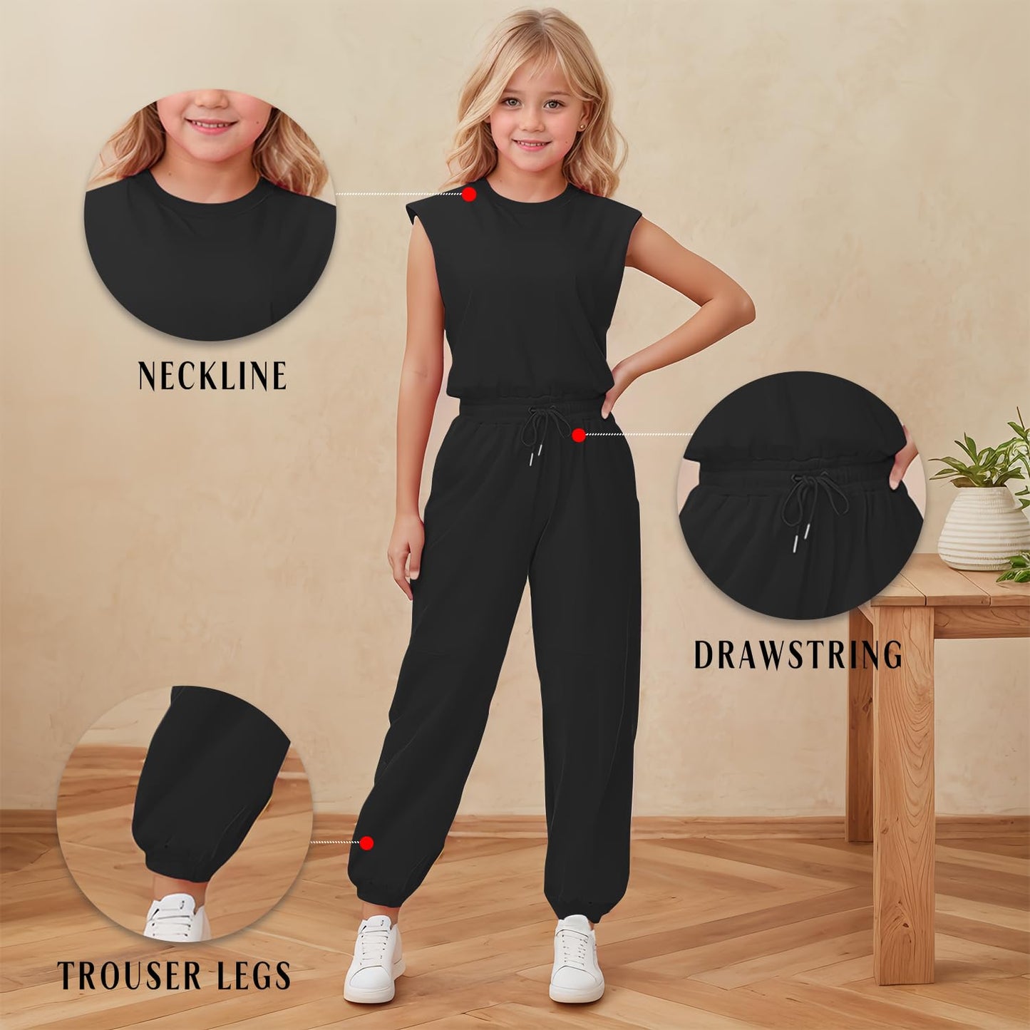 Girls Casual Jumpsuit – Crew Neck Romper with Pockets