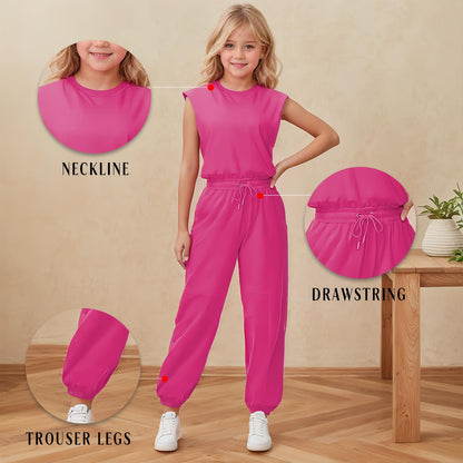 Girls Casual Jumpsuit – Crew Neck Romper with Pockets