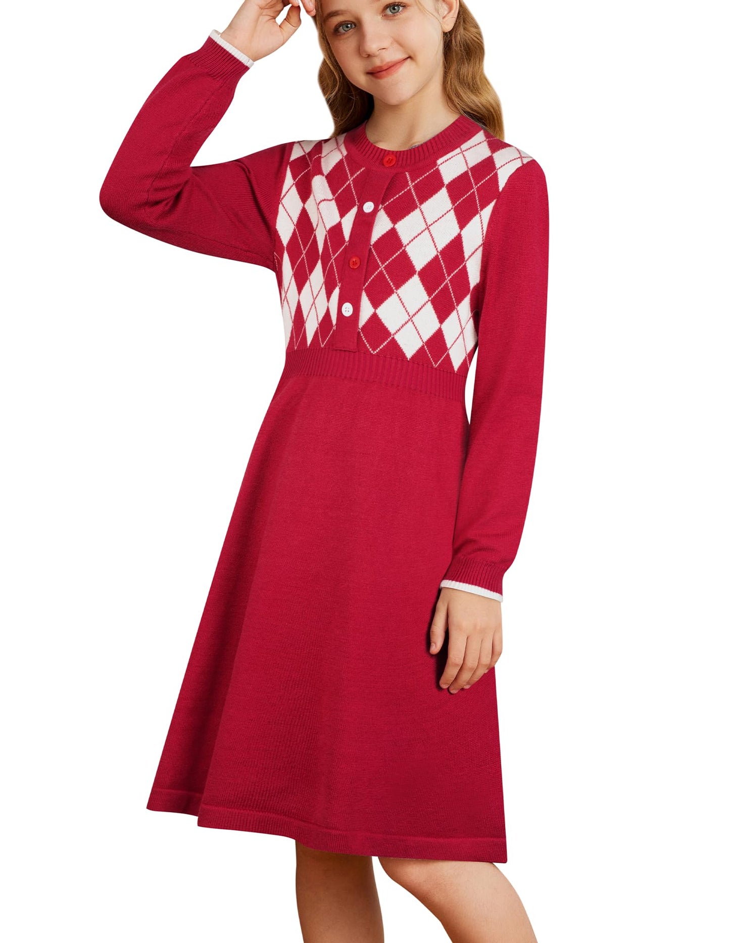 GRACE KARIN Girls' Argyle Knit Sweater Dress