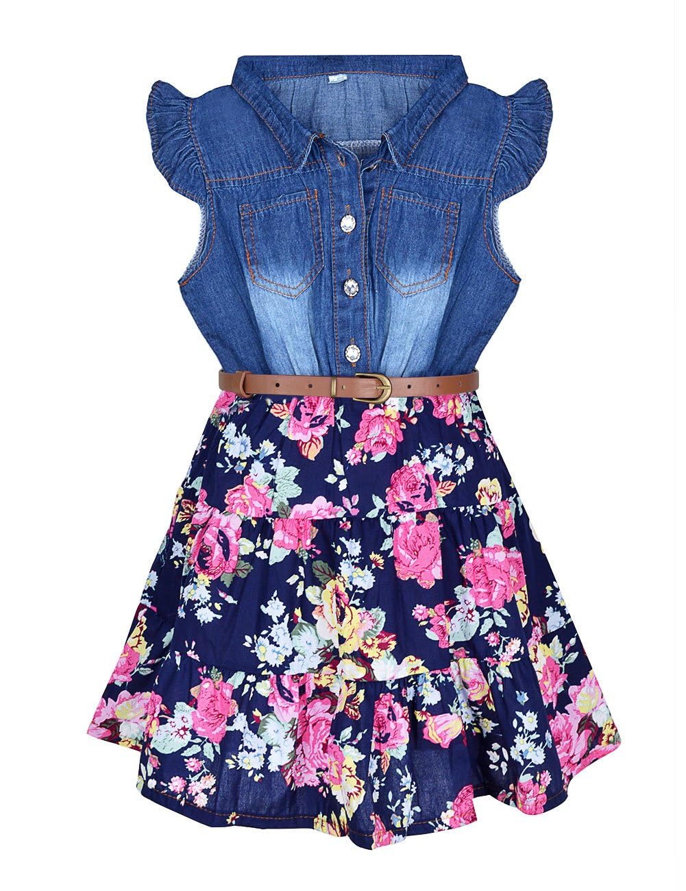 YJ.GWL Girls' Denim Flower Princess Dress