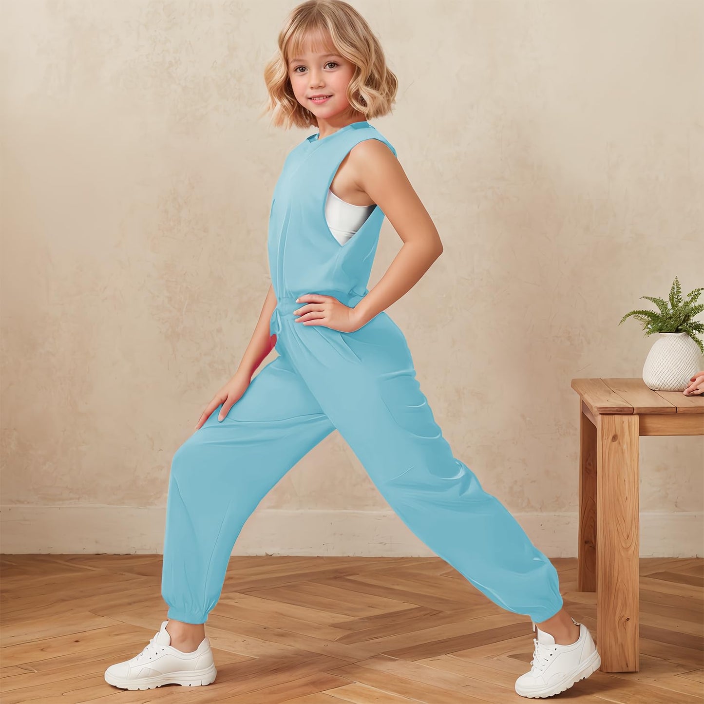 Girls Casual Jumpsuit – Crew Neck Romper with Pockets