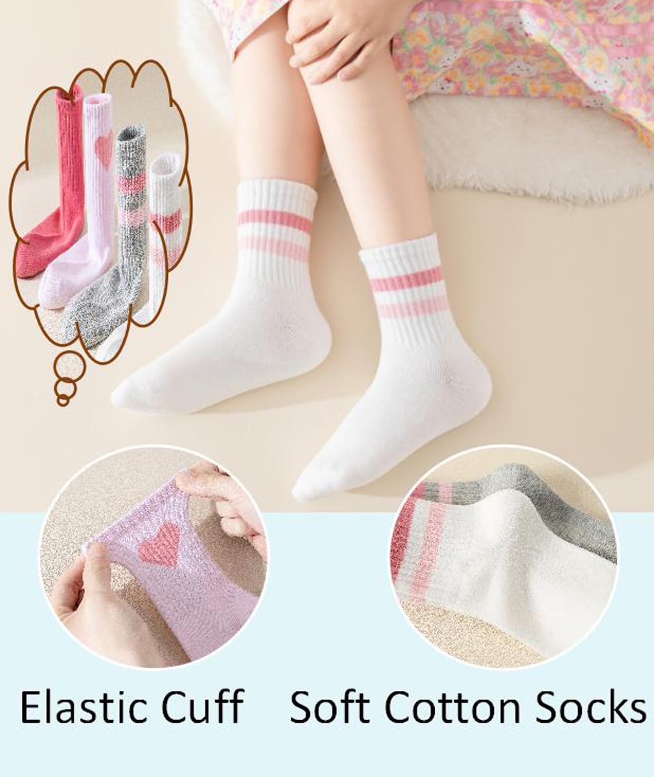 Girls' 4-Pack Pink Heart Striped Crew Socks