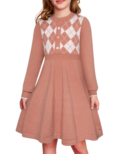 GRACE KARIN Girls' Argyle Knit Sweater Dress