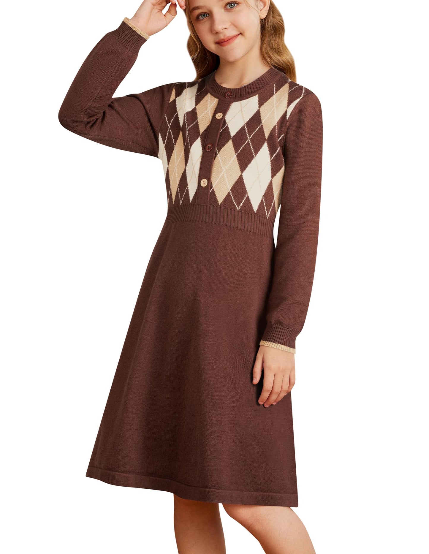 GRACE KARIN Girls' Argyle Knit Sweater Dress